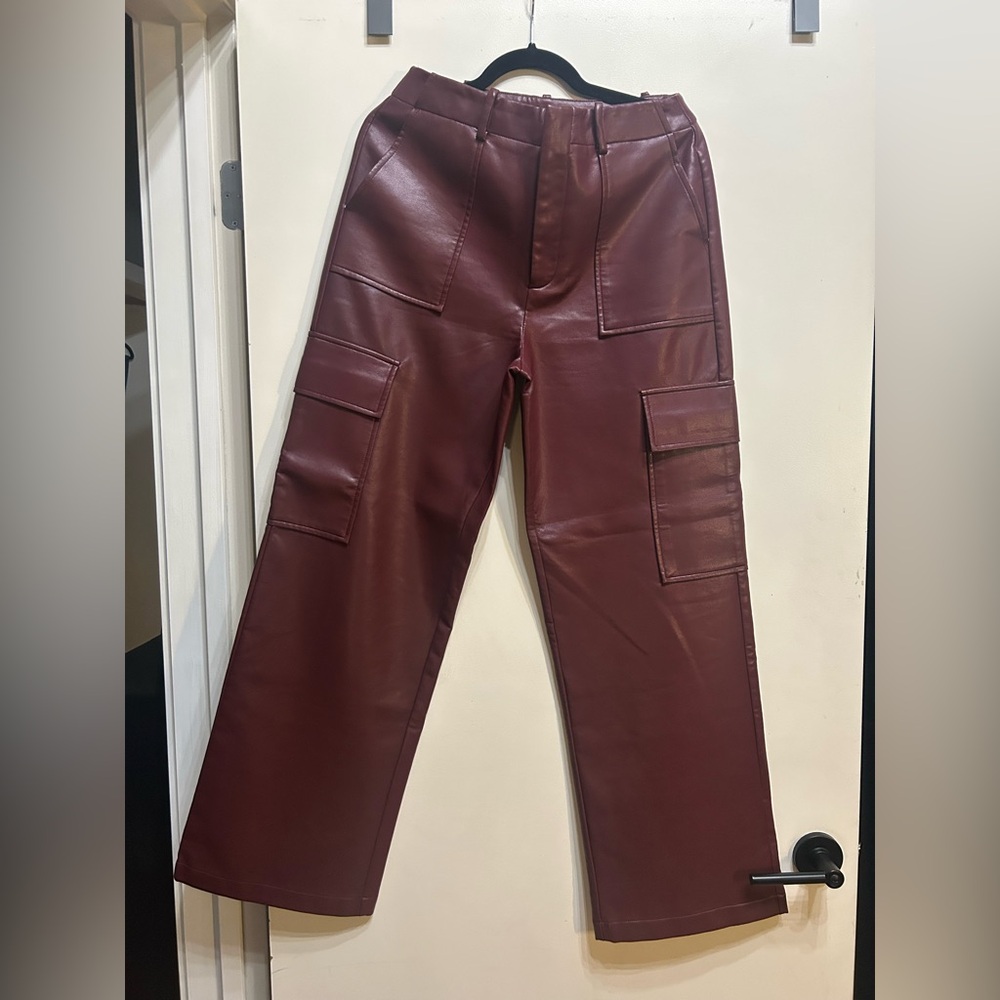 Faux leather maroon cargo pants